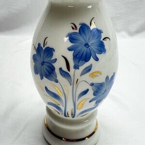 Antique Hand Painted White Glass Vase Blue Bells With Gold Leaves & Trim 7"x3"